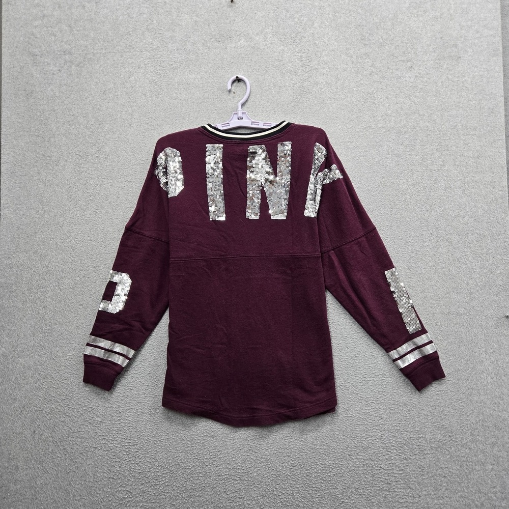 PINK Victoria's Secret Women Jersey XS Purple Sequin Logo Bling Varsity Campus